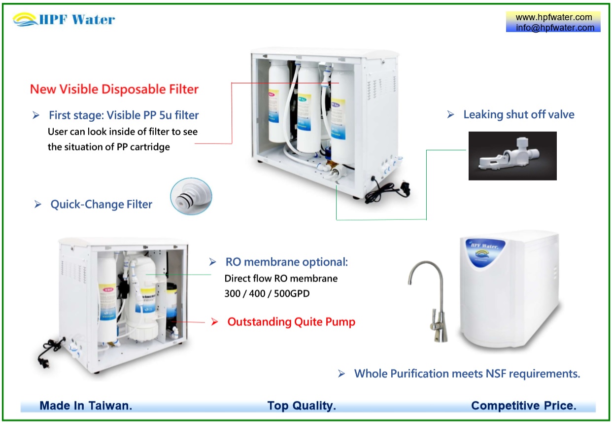 Direct Flow RO appliance 500GPD with Quick-change filter meets NSF requirements made in Taiwan.